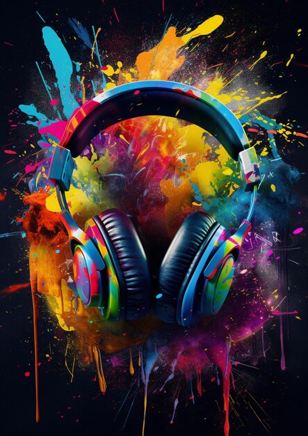 Brightly colored headphones with a splash of paint on a black background generative ai