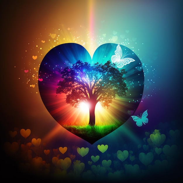 A brightly colored heart shaped tree with butterflies and sunbeams generative ai