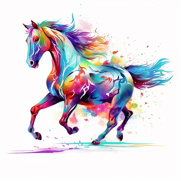 brightly colored horse running on a white background with splashes generative ai