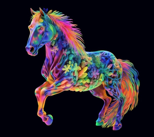 Brightly colored horse with a black background generative ai