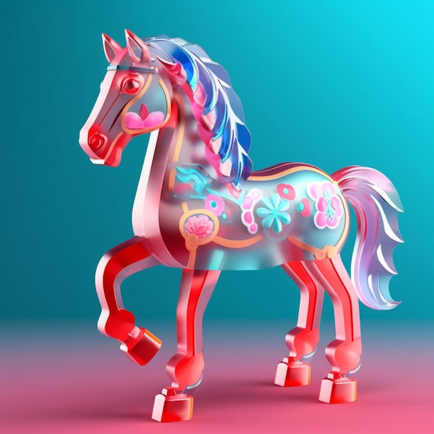 Brightly colored horse with a blue mane and pink mane generative ai