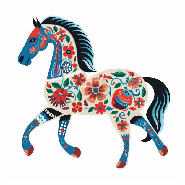 brightly colored horse with floral design on body and tail generative ai
