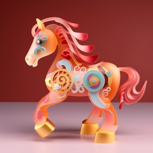 Brightly colored horse with a golden mane and a pink mane generative ai