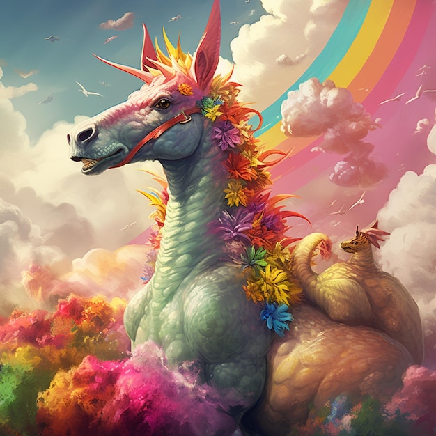 Foto cavallo dai colori vivaci con una criniera arcobaleno e fiori sulla schiena ai generativa