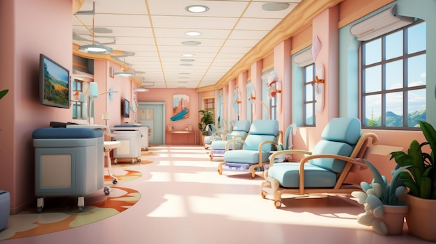 Photo a brightly colored hospital room with a mountain view