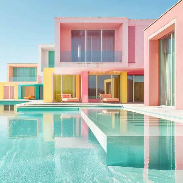 Foto case dai colori vivaci con una piscina di fronte a loro generativa ai