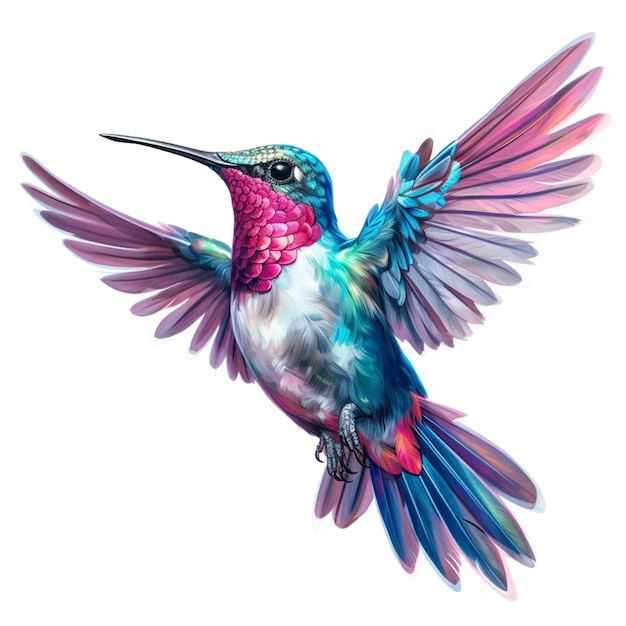 a brightly colored hummingbird flying in the air with its wings spread generative ai