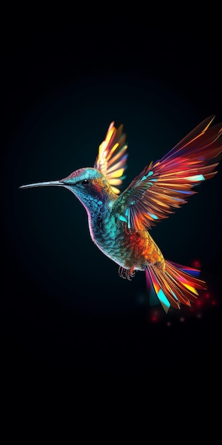 밝은 색의 벌새가 날개를 펴고 생성적 인공지능을 펼치며 어둠 속에서 날고 있다