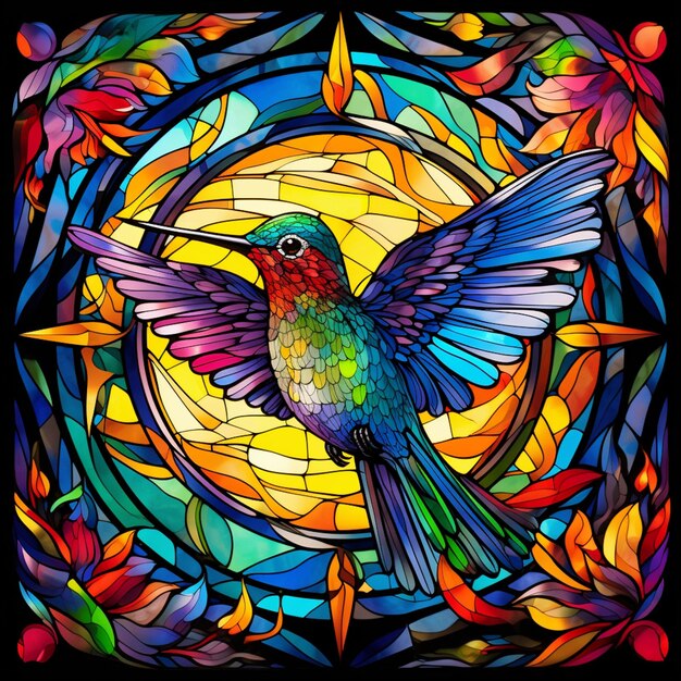 A brightly colored hummingbird in a stained glass window with a black background generative ai