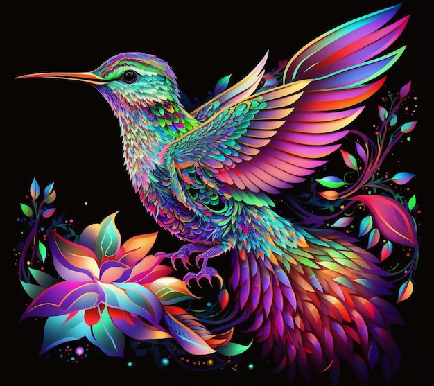 A brightly colored hummingbird with a flower on a black background generative ai