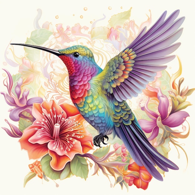 brightly colored hummingbird with flowers and swirls on a white background generative ai