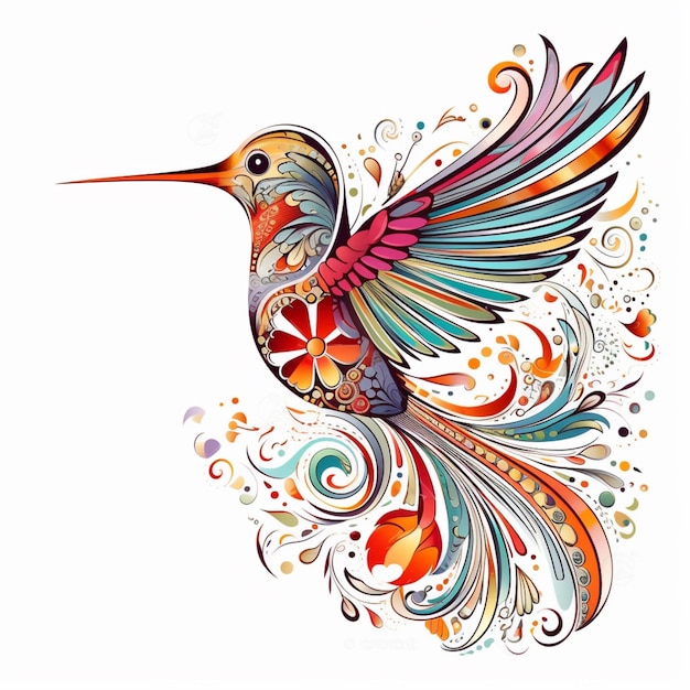 brightly colored hummingbird with swirls and flowers on a white background generative ai