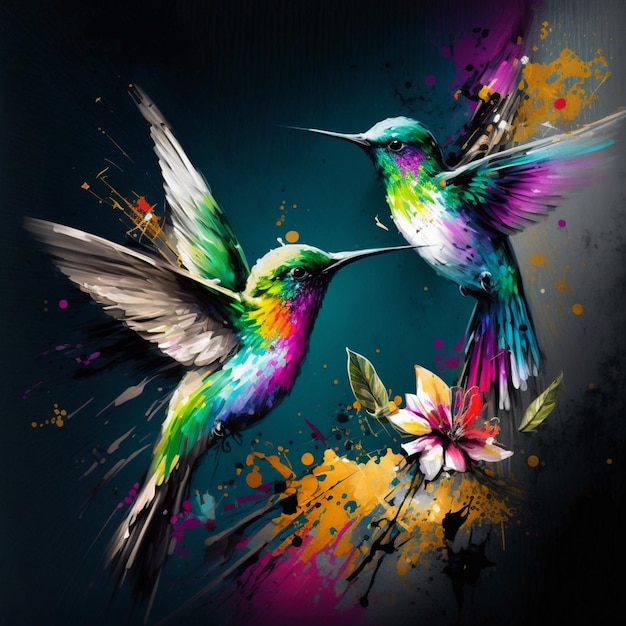 brightly colored hummingbirds are flying in the air with colorful paint splatters generative ai