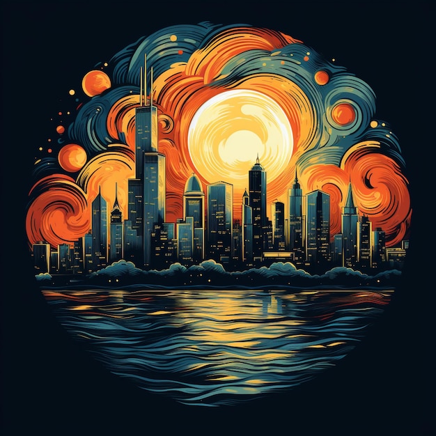 a brightly colored illustration of a city skyline with a bright sun generative ai