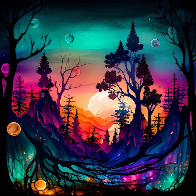 Brightly colored illustration of a forest with a full moon in the background generative ai