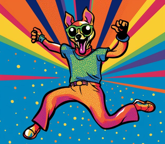 Brightly colored illustration of a man with a dog head and sunglasses jumping generative ai