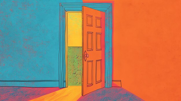 Brightly colored illustration of an open door The door is orange and the walls are blue and pink The floor is yellow