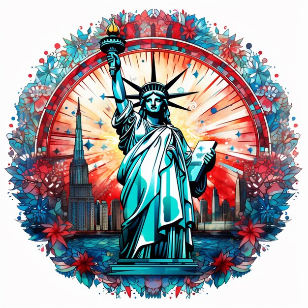 a brightly colored illustration of the statue of liberty in a wreath of flowers generative ai