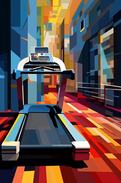 brightly colored illustration of a treadmill in a brightly colored room generative ai