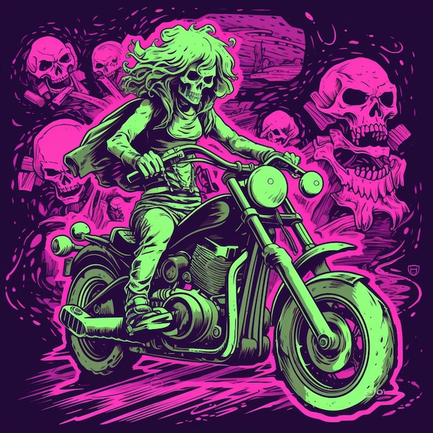 A brightly colored illustration of a woman riding a motorcycle with skulls in the background generative ai