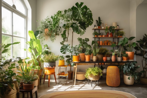 Brightly colored indoor plants and greenery bring vibrancy to a room