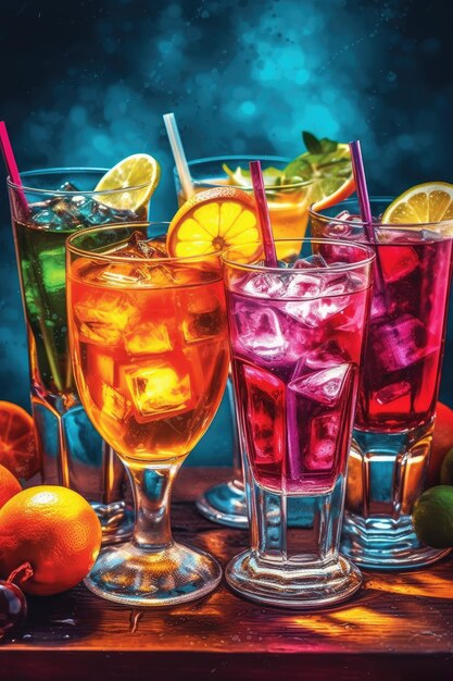 Brightly colored juice drinks are placed on the table