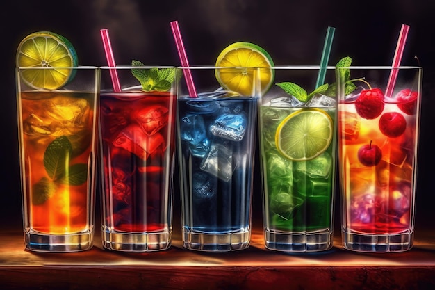 Brightly colored juice drinks are placed on the table