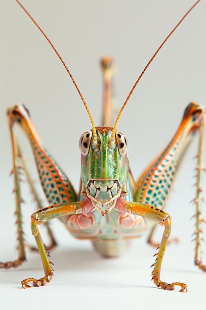 A brightly colored katydid