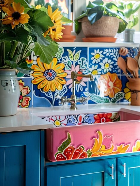 Foto cucina dai colori vivaci con piastrelle colorate e fiori nel lavandino generativo ai