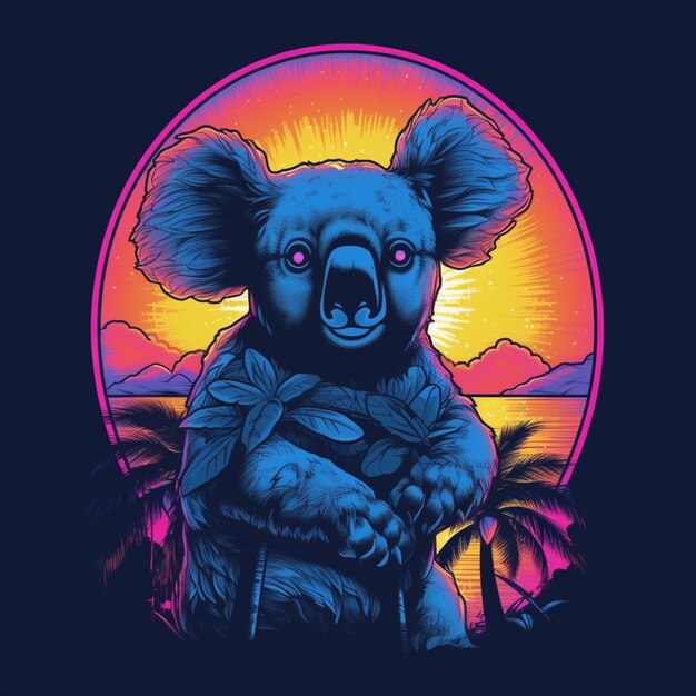 a brightly colored koala bear holding a leaf in front of a sunset generative ai