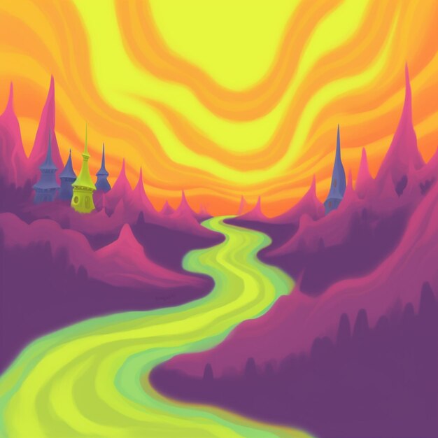 A brightly colored landscape with a river and a castle in the distance generative ai