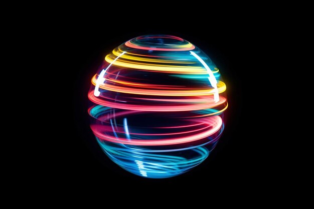 Brightly colored light streaks are swirling around a glass sphere generative ai