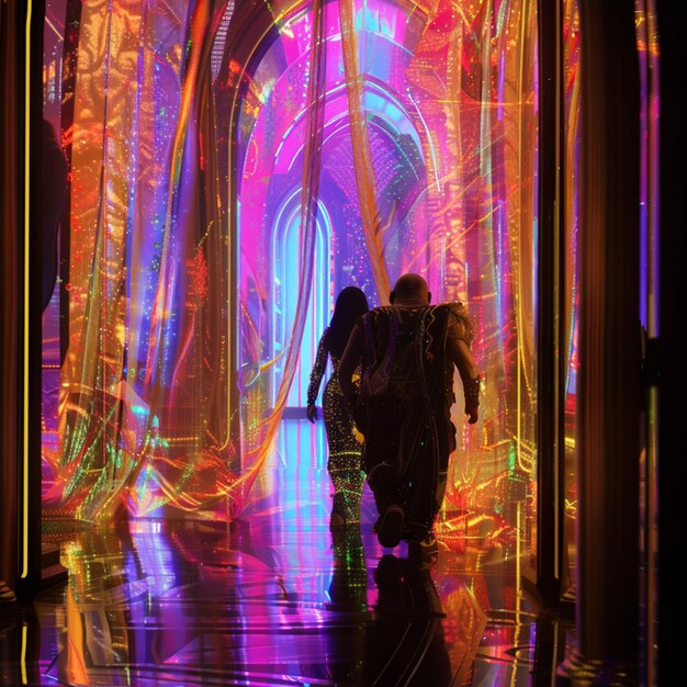 Photo brightly colored lights are projected on the walls of a tunnel generative ai