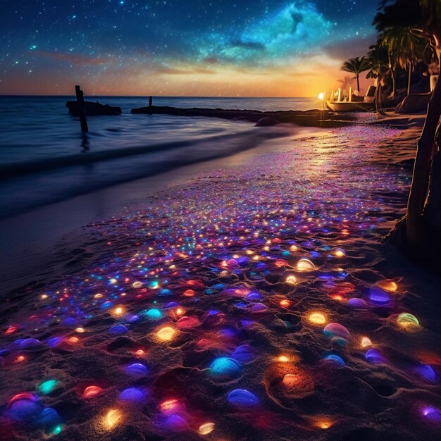 Brightly colored lights are scattered on the sand of a beach generative ai