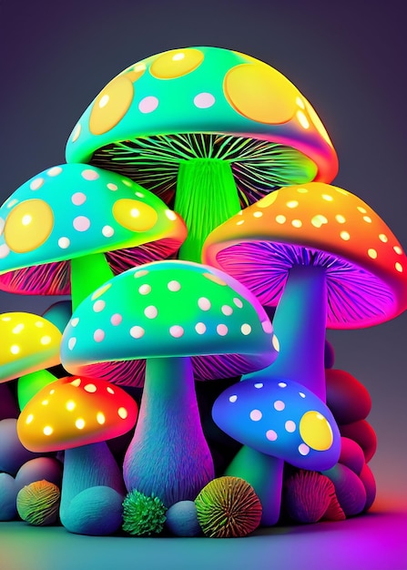 Brightly colored lights with mushrooms and fungi