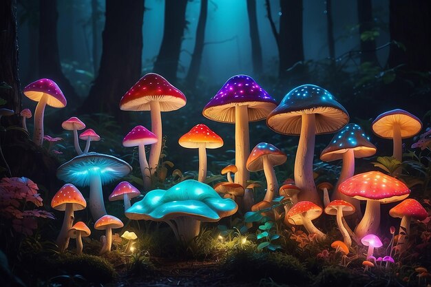 Brightly colored lights with mushrooms and fungi