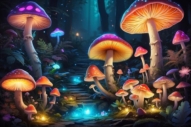 Brightly colored lights with mushrooms and fungi