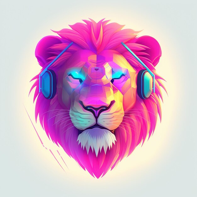 brightly colored lion with headphones on generative ai