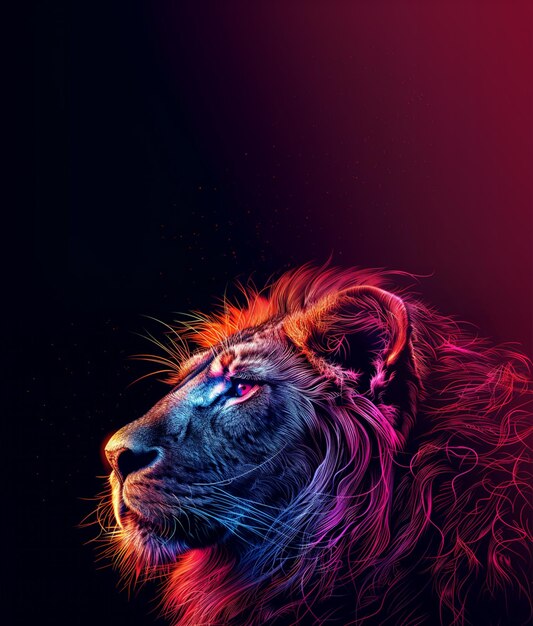 Photo brightly colored lion with mane and manes on a black background generative ai