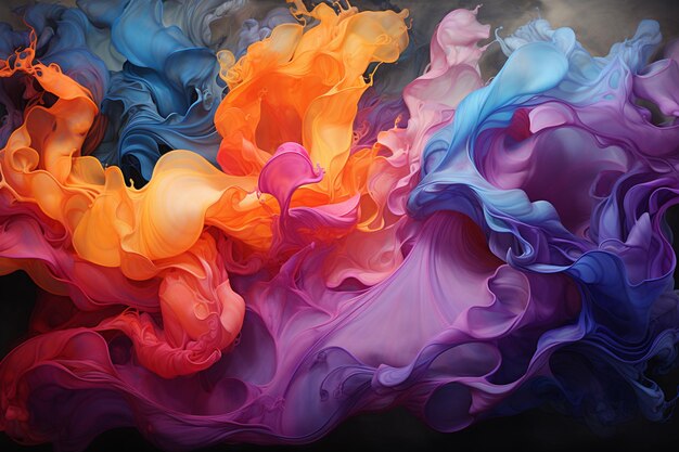 Brightly colored liquid swirls in a black background generative ai