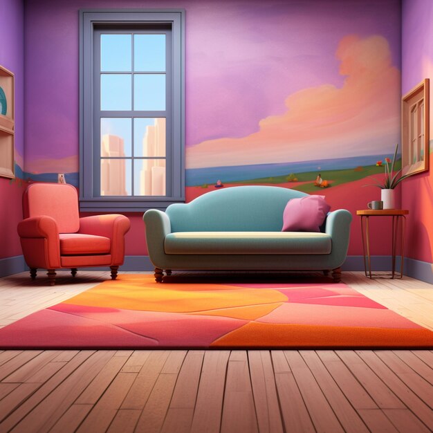 Photo brightly colored living room with a couch and chair in front of a window generative ai