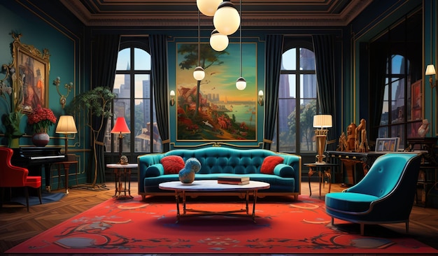 a brightly colored living room with high ceilings and couches in the style of crimson and azure