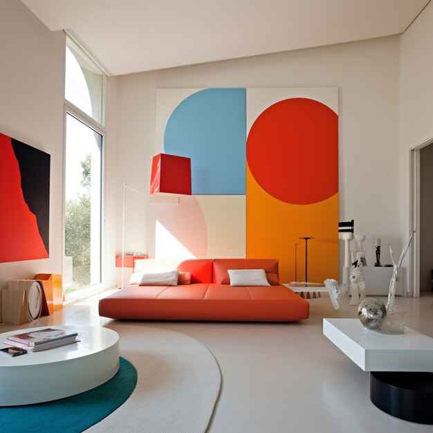 Photo brightly colored living room with a large painting on the wall generative ai