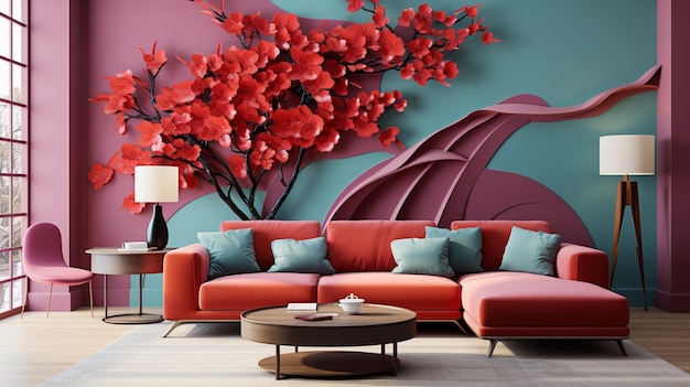 A brightly colored living room with a large red flower tree generative ai