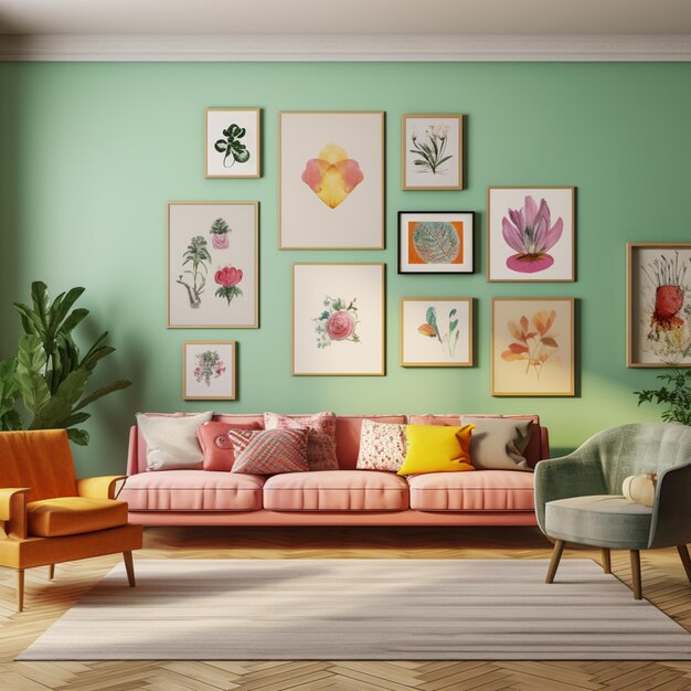 A brightly colored living room with a pink couch and a green wall generative ai