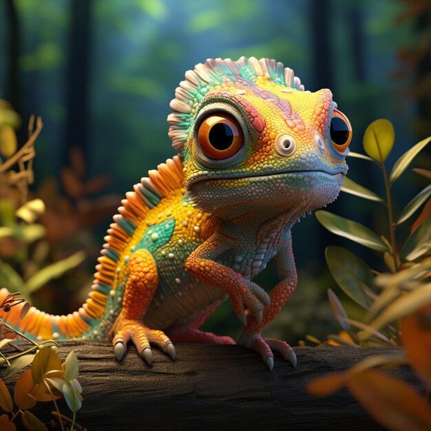 brightly colored lizard sitting on a log in a forest generative ai