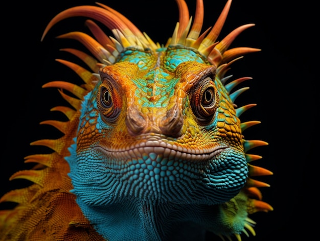 Photo brightly colored lizard with orange and blue feathers on its head generative ai