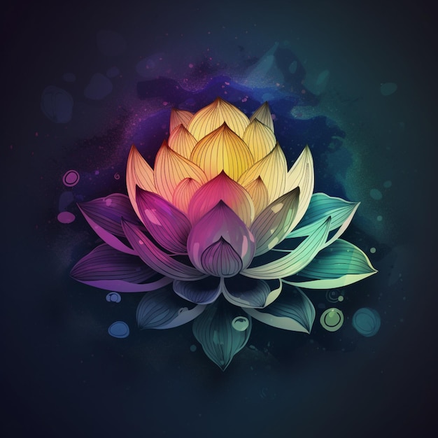 Brightly colored lotus flower on a dark background with bubbles generative ai