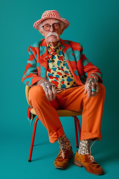 Foto uomo di colori vivaci con tatuaggi e un cappello seduto su una sedia generativa ai