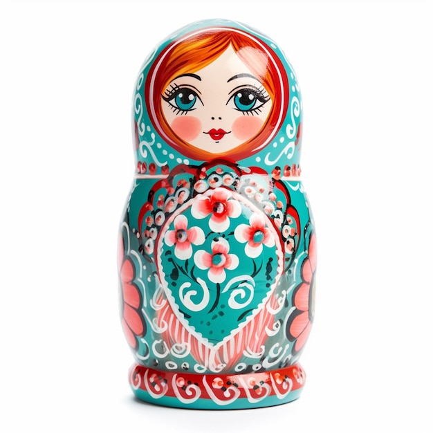 brightly colored matry doll with red hair and blue eyes generative ai